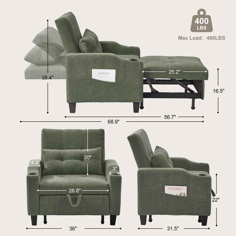36" Wide Convertible Chair with Pull Handle - 3-In-1 Sleeper Futon Chair Bed with Cup Holder, Green