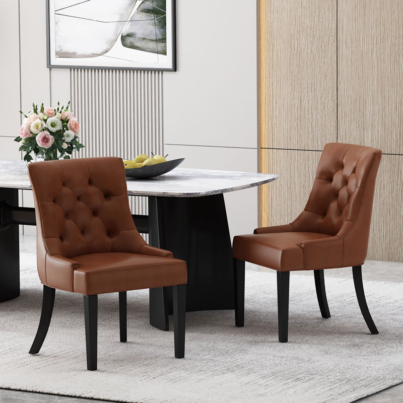 Modern Upholstered Tufted Accent Side Dining Chairs with Diamond-Stitched Backrest and Tapered Wood Legs, 6, Brown