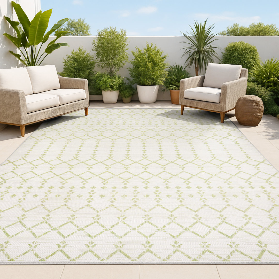 Avag Moroccan Geometric Textured Weave Cream/Green Indoor/Outdoor Rug Foundry Select Rug 