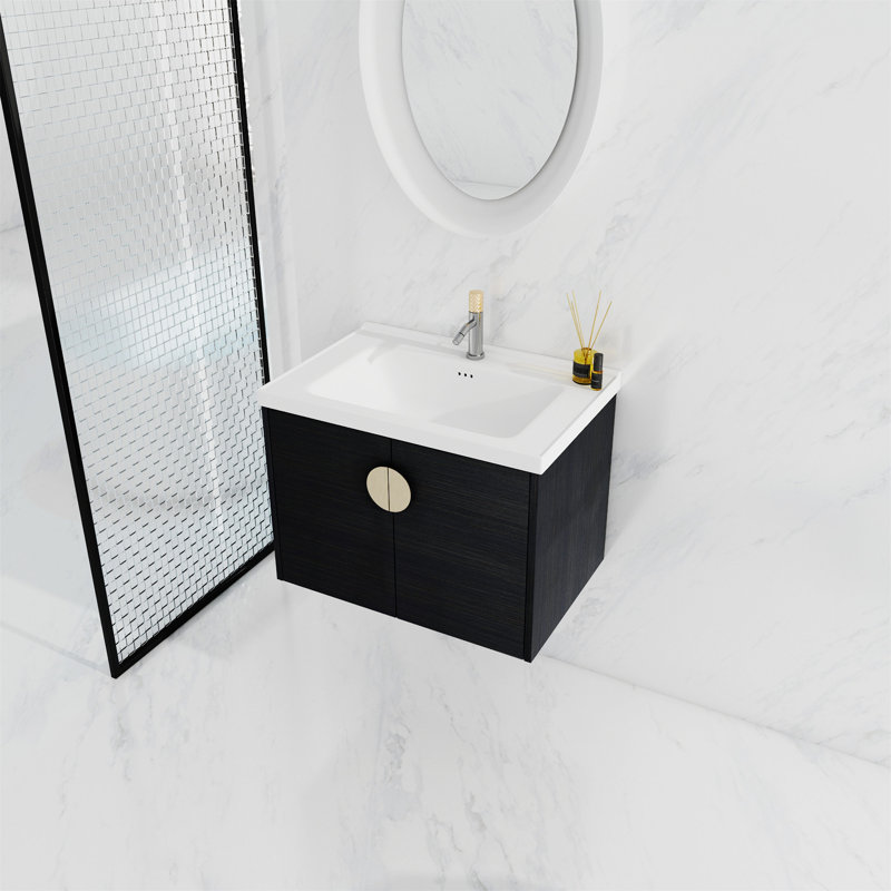 Meuble-lavabo à fermeture en douceur 28 po avec lavabo, pour petite salle de bain, Noir châtaignier