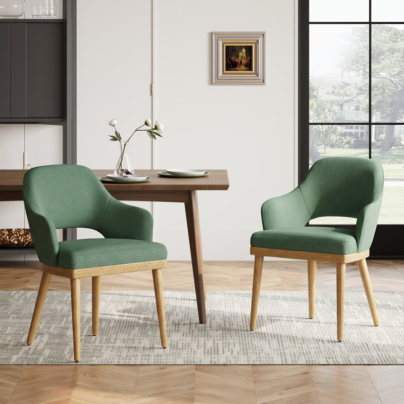 Modern Upholstered Dining Accent Chair with Wooden Legs, Green, Natural Wood