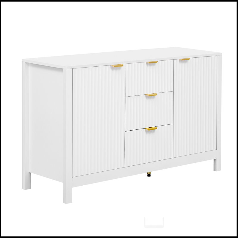 Buffet à motif ondulé - 3 tablettes réglables, 3 tiroirs et portes à fermeture en douceur, console de rangement avec poignées en métal, convient pour le bureau, le couloir et le salon