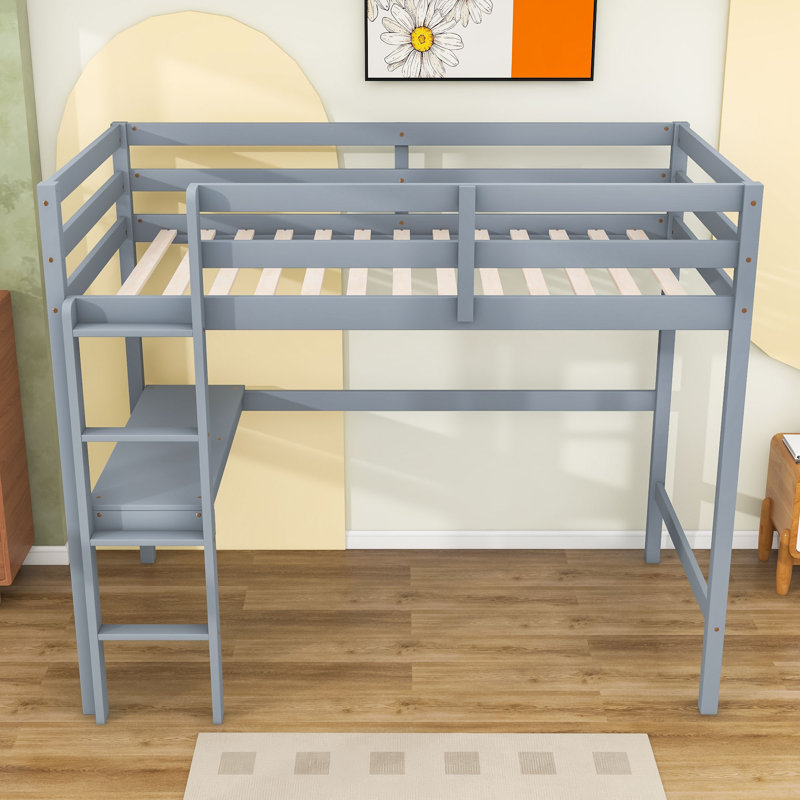 Lit mezzanine simple avec bureau d'étude intégré, barrière de sécurité et échelle, Gris
