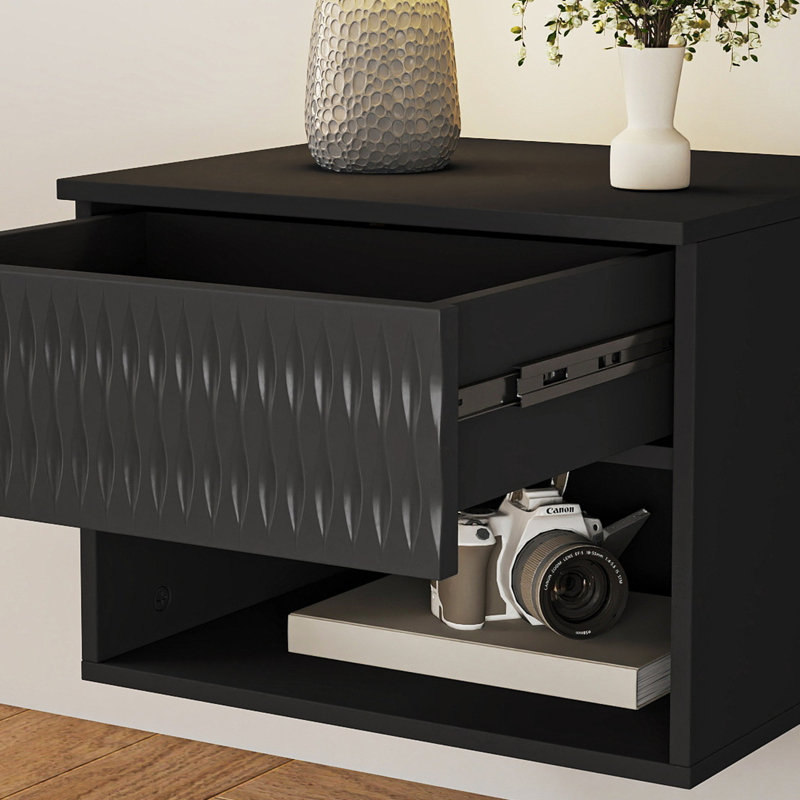 Floating Wood Wall Mounted Nightstand with 1 Storage Drawer and Shelf (Set of 2), Black