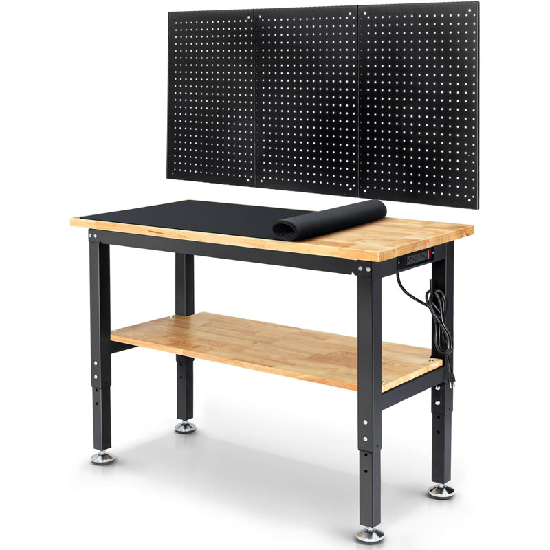 Solid Wood Top Height-Adjustable Workbench, 39.4" H x 48" W x 20" D