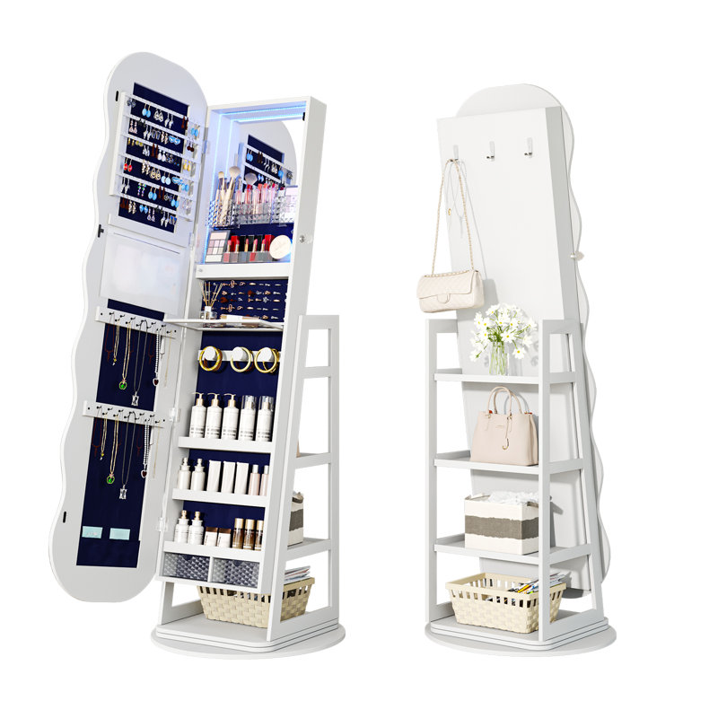 3-in-1 Rotating Floor Jewellery Mirror Cabinet with Storage Shelves, White