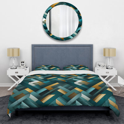 Amiyaah Teal Modern Geometric Tiles I - Ensemble de housse de couette géométrique - Microfibre de polyester
