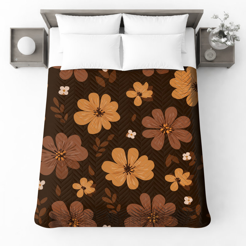 Brown Floral Pattern Quilted Bedspread All Sizes, Queen