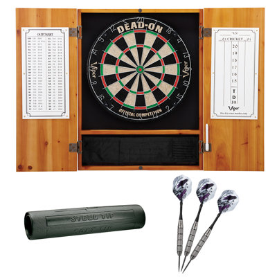 Viper Metropolitan Cinnamon Steel Tip Dartboard Cabinet, Viper Dead-On Bristle Dartboard, Viper Underground Raven Steel Tip Darts 25 Grams, And Viper Vinyl Dart Mat