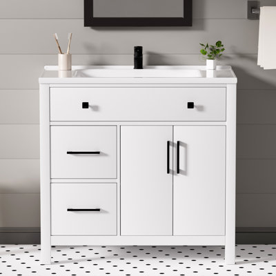 Meuble-lavabo simple 36 po en bois brun avec plateau en céramique blanche