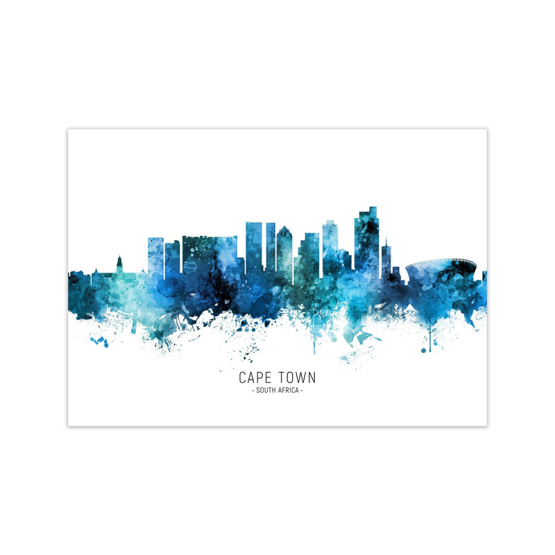 Cape Town South Africa Skyline Blue City Name by Michael Tompsett - Print, 60cm H x 84cm W x 1cm D, Unframed