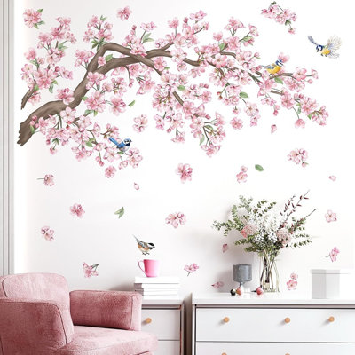 Pink Cherry Blossom Wall Decals, Peel And Stick Flower Tree Branch Stickers, Removable Floral Wall Art For Bedroom, Living Room, Nursery And Office