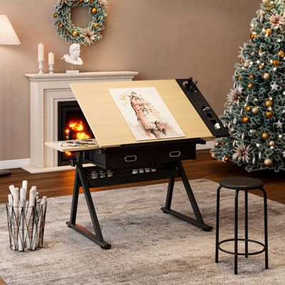 Bureau de dessin avec table inclinable réglable et 2 tiroirs pour le bureau à domicile, tabouret Comes