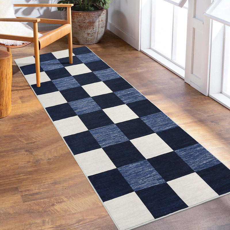 Plaid Printed Runner Rugs 2x6 Modern Hallway Rugs with Non-Slip Backing, Non-Shedding Geometric Indoor Carpet Mat, Foldable Thin Floor Cover for Laundry, Bedroom, Kitchen, Navy Blue