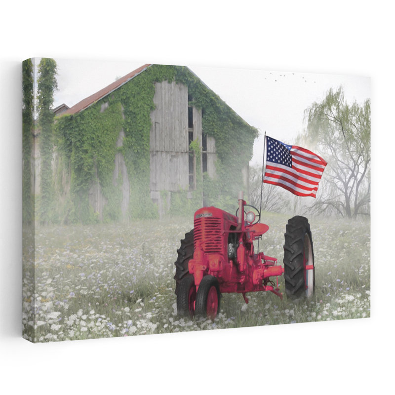 «Red Tractor», art contemporain de paysage abstrait, H 32 po x l 48 po
