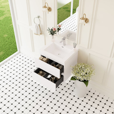 Meuble-lavabo mural moderne 24 po avec lavabo, tiroirs à fermeture en douceur, blanc brillant, pour un style facile à nettoyer