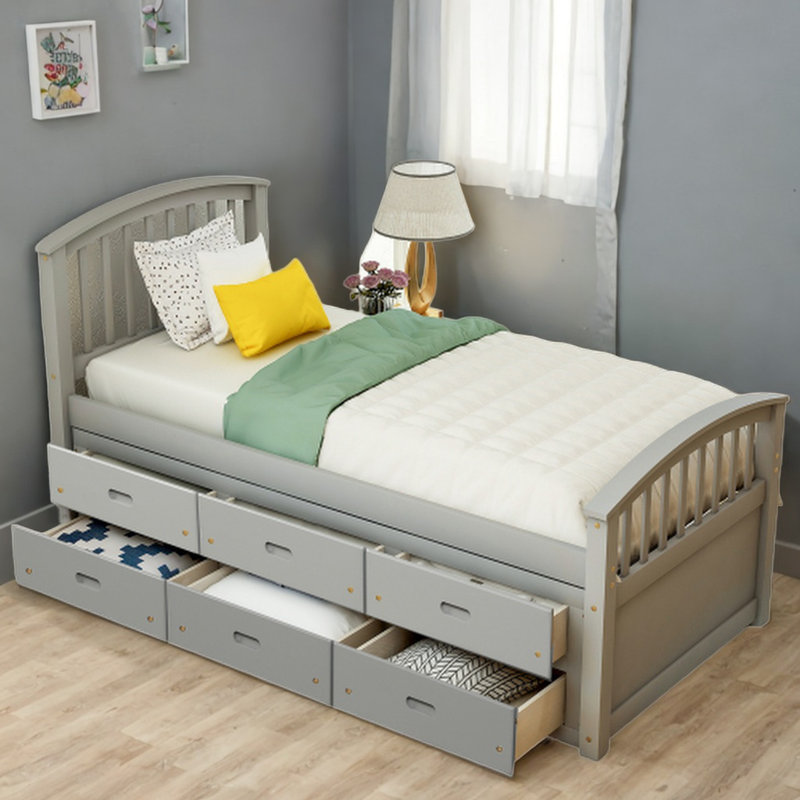 Herminio Solid Pinewood Twin Bed Frame with Drawers and Slat Support Storage Bed, Gray