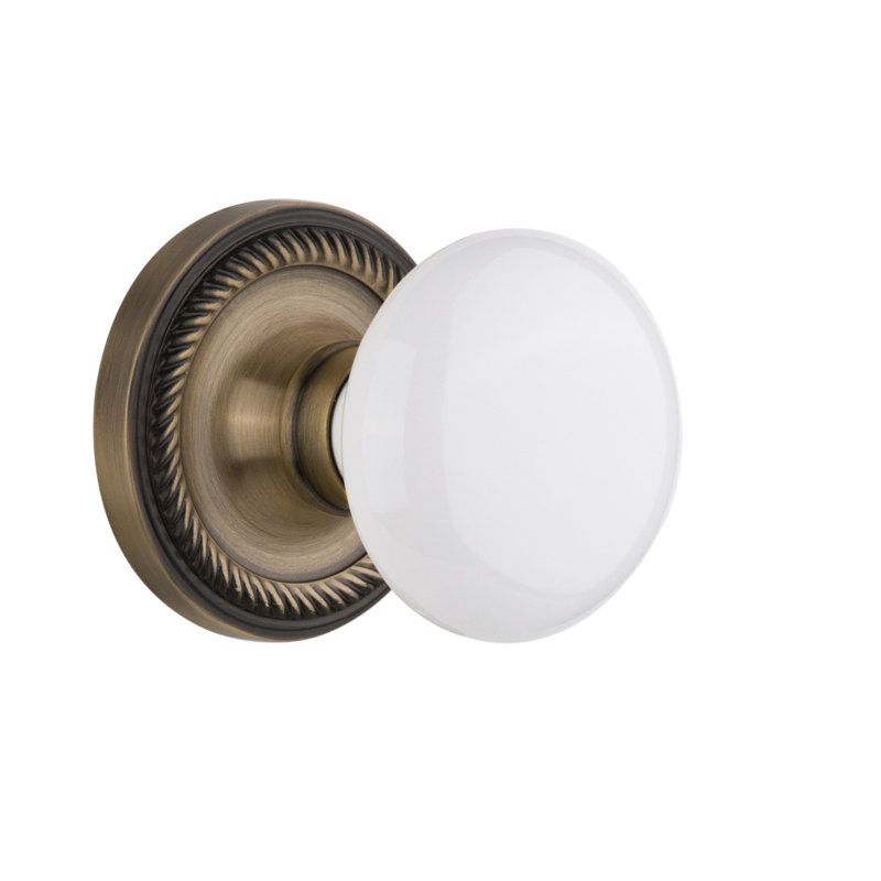 Rope Rosette with White Porcelain Door Knob, Antique Brass, 2-3/8”
