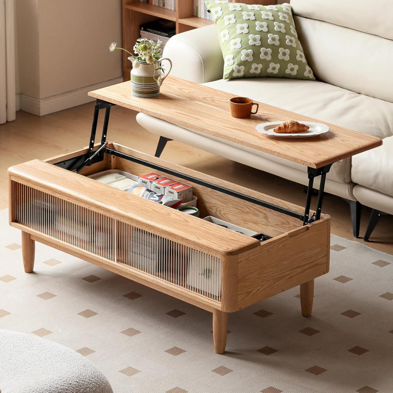 47"W Solid Oak Lifting Coffee Table With Fluted Glass, 25.6" H x 47.24" L x 22.05" W