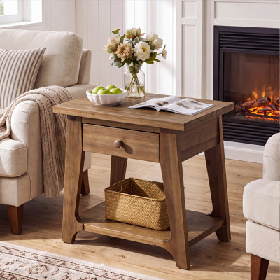 Solid Wood Side Table with Drawer and Storage Shelf