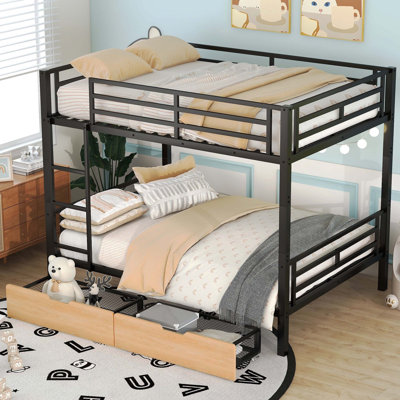 Metal Full Size Convertible Bunk Bed Frame With Two Spacious Under Bed Storage Drawers, Black
