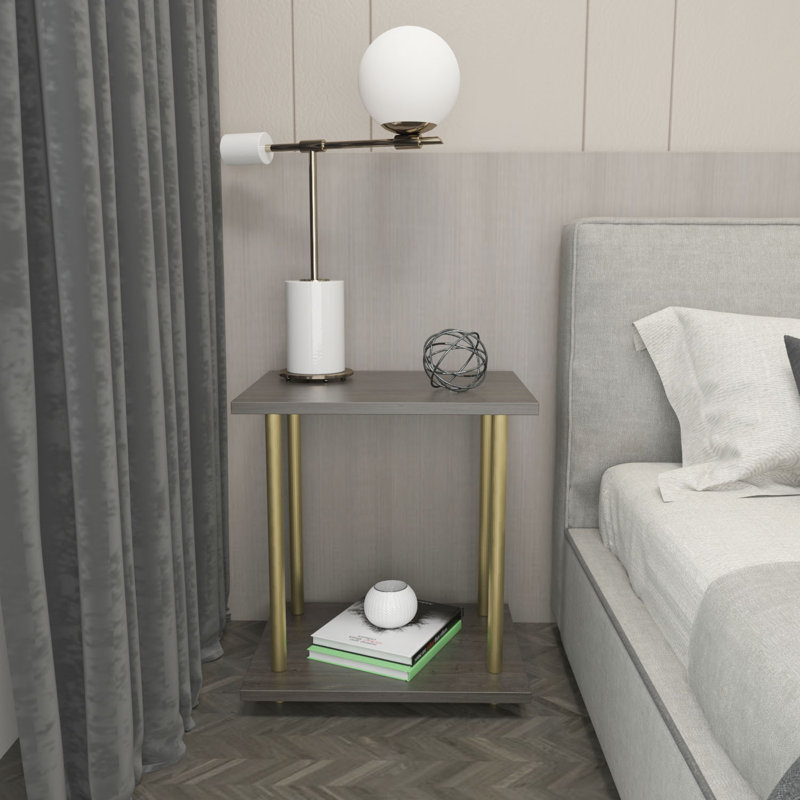 Coila Modern Nightstand With Metal Legs - Modern Square End Table with Lower Shelf, Gold/Dark Oak