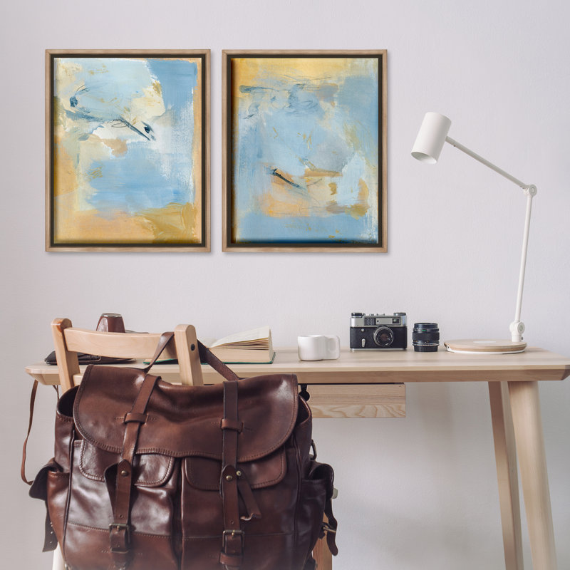 Ensemble de 2 toiles flottantes encadrées bleu clair et or pastel par Victoria Barnes, H 31 po x l 25 po