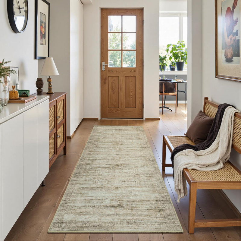 2'X6' Washable Neutral Vintage Distressed Aesthetic Runner Rug Beige, Beige