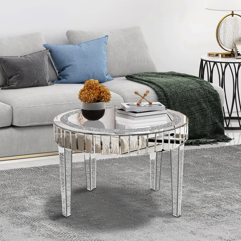 Silver Mirrored Coffee Table With Crystal Inlay, Round Glass Tea Table With Mirrored Finish, Modern Center Table For Living Room And Office