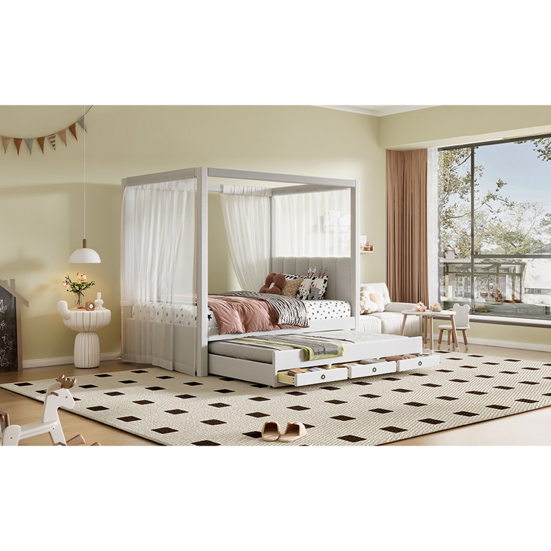 Lit plateforme simple avec tissu d'ameublement beige, auvent et lit gigogne, Lit simple