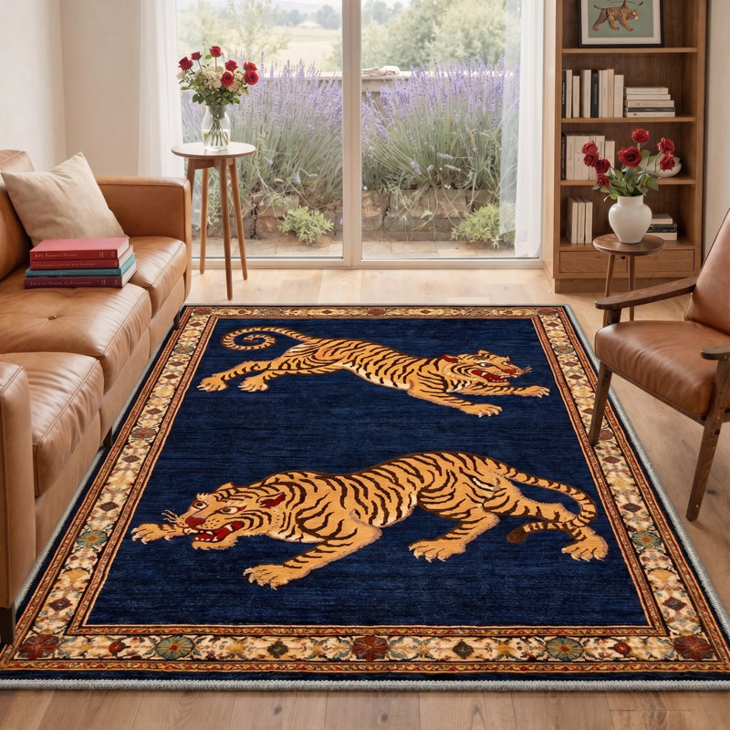 Tapis d'intérieur bleu / jaune lavable à la machine Tashianna, Rectangulaire 8 pi x 10 pi