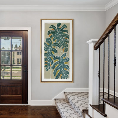 Monstera Leaf Botanical Green Wall Art on Neutral Background - Large Framed Canvas Master Bedroom Wall Art Print