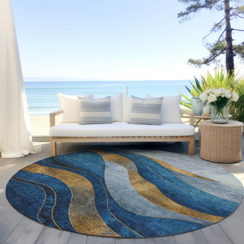 Tapis bleu intérieur / extérieur lavable à la machine Xhevrie, Rond 8 pi