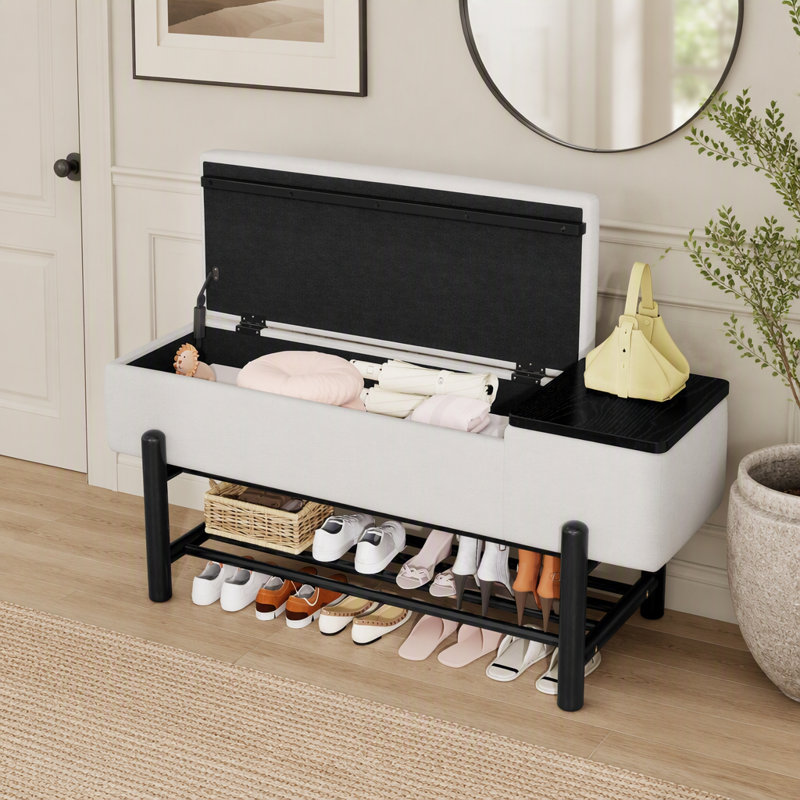 Banc de rangement rembourré Farmhouse avec compartiment caché, banc d'entrée moderne pour le salon et les couloirs