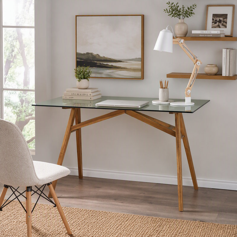 Bureau d'ordinateur moderne, bureau de bureau Mid-Century avec plateau en verre trempé et structure en A en bois d'acacia, poste de travail pour salle de réunion Home Office
