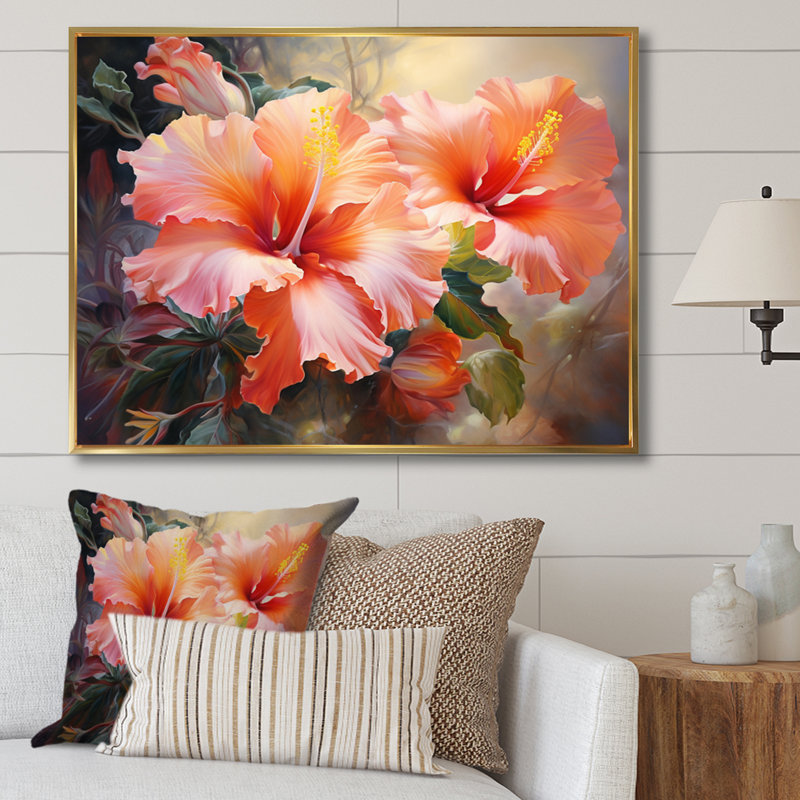 Hibiscus Romantic Impression IV - Floral Canvas Prints, H 30 po x l 40 po x P 1,5 po, Cadre flottant doré