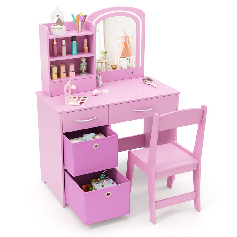 Kids Vanity Set Princess Dressing Table & Chair With Mirror 2-color Led Lights, Pink