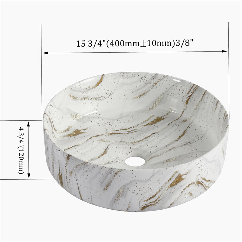 Lavabo de salle de bain rond en céramique sur fond blanc avec lignes dorées, Blanc / Doré