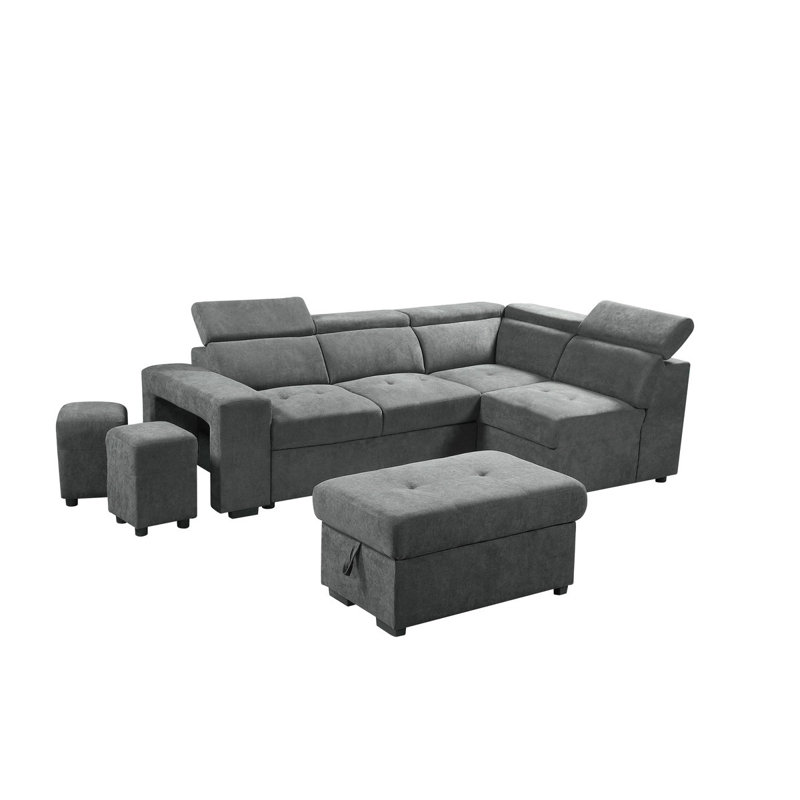 Canapé-lit modulaire avec repose-pieds avec rangement et 2 tabourets gris foncé, Mélange de polyester - gris clair