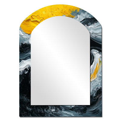 Encre jaune et grise Oceanic Waves II - grand miroir mural arqué sur métal