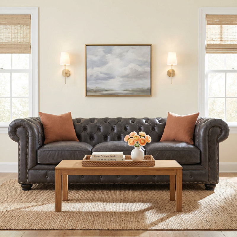 Freddie 95'' W Leather Sofa, Gray Leather