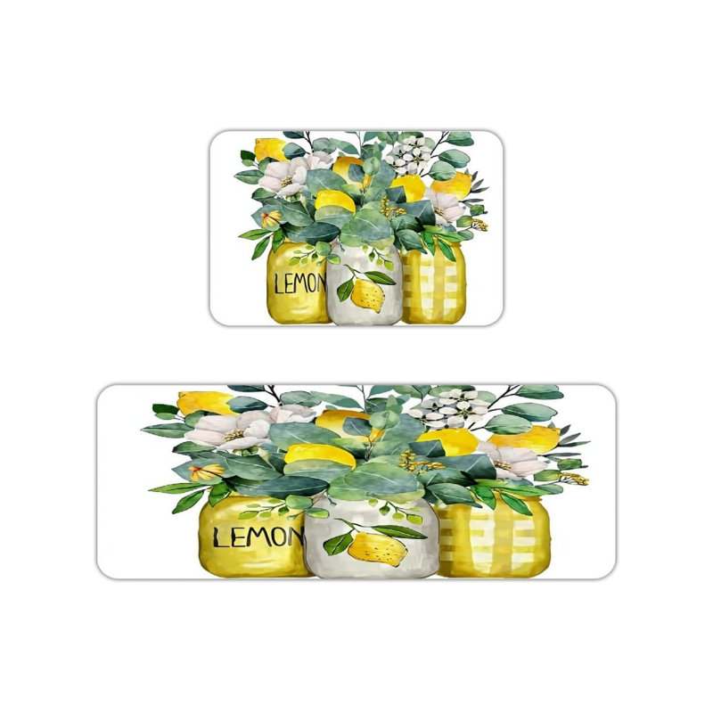 Yellow Mason Jar Lemon Kitchen Mats,2 Pack,For Kitchen & Entryway
