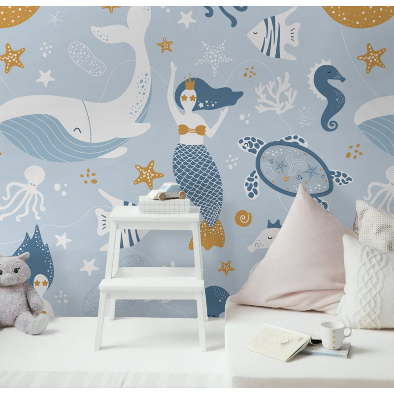 Papier peint amovible Kids Mermaid Underwater Ocean Life, L 114 po x l 204 po