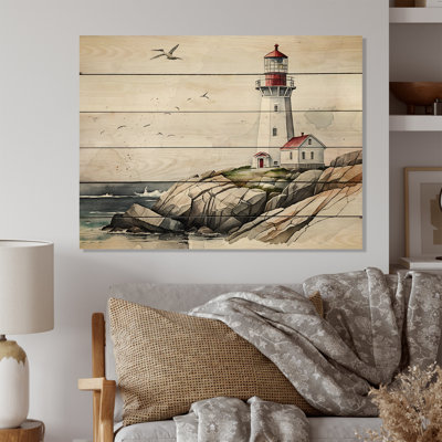 Lighthouse By The Ocean IV - Beach Light House Wood Wall Art Print
