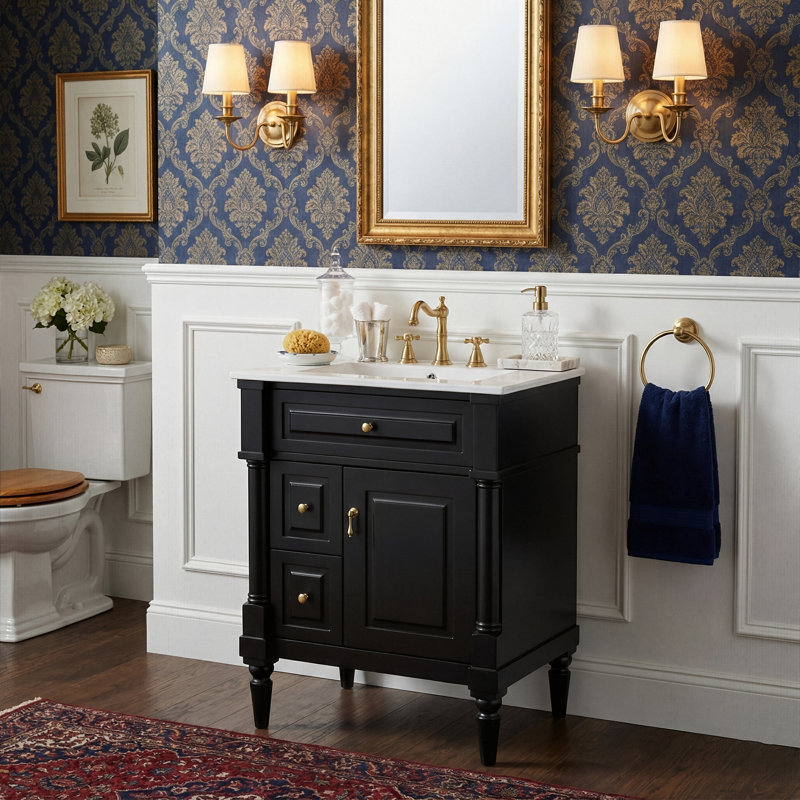 24" Freestanding Bathroom Vanity With Ceramic Sink, Solid Wood Frame, Flip Drawer & Door Rack Storage, Black