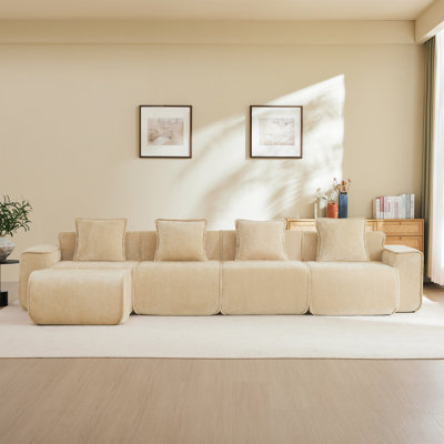 Canapé modulaire en forme de L à 4 places avec passepoil à bord franc, sans assemblage requis, tissu velours clair Camel