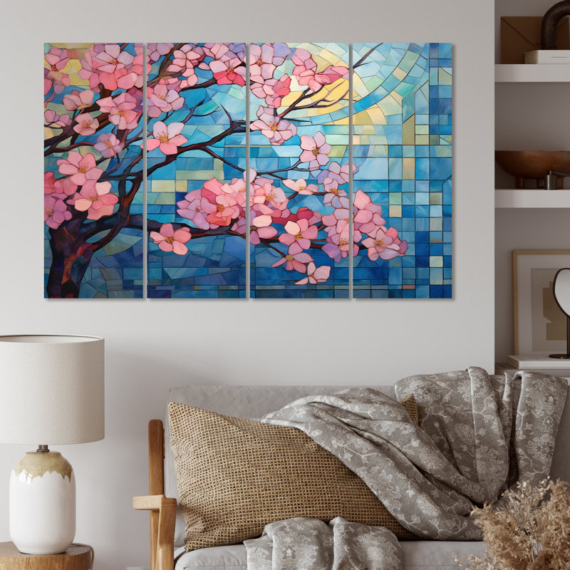Collage de fleurs roses et bleues - reproduction d'art sur toile florale - 4 panneaux
