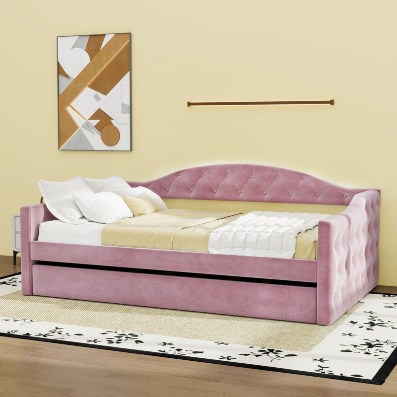 Lit de jour simple en velours avec ports de charge USB et lit gigogne simple, Rose