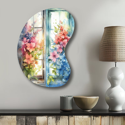 Fenêtre de floraison I - art mural en forme de fenêtre unique, sculpture murale asymétrique en métal
