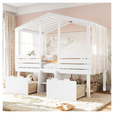 Lit mezzanine bas simple avec toit en forme de maison, escalier et 2 tiroirs de rangement, fini blanc antique, structure en pin et MDF